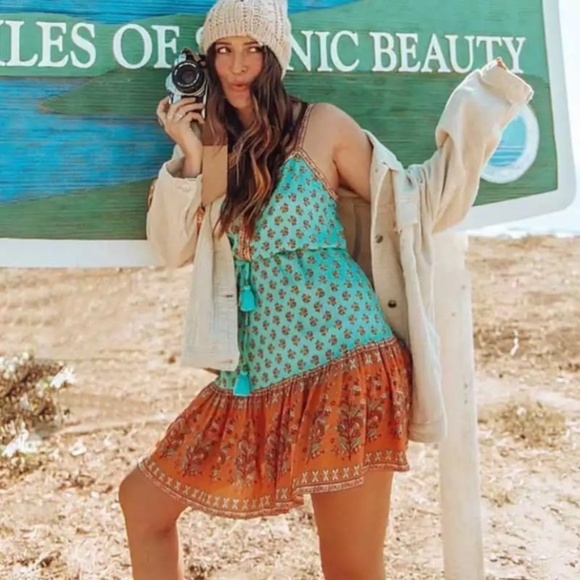 Teal & Orange Floral Ornate Bohemian Gyspy Button Front Tank Summer Casual Dress - Picture 2 of 9